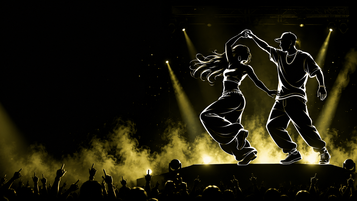 "Camiseta negra con ilustración de línea de dos personas bailando cumbia, inspirada en el trend viral de TikTok te estoy correteando"